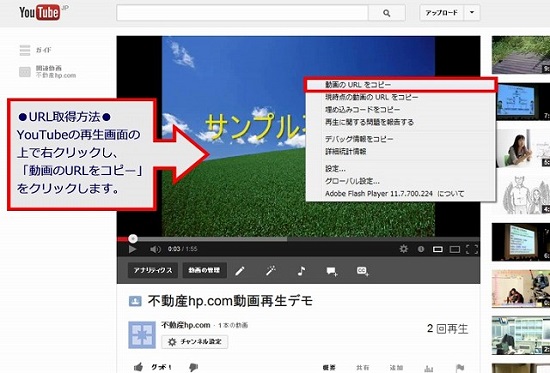 YouTubeのプレーヤー画面